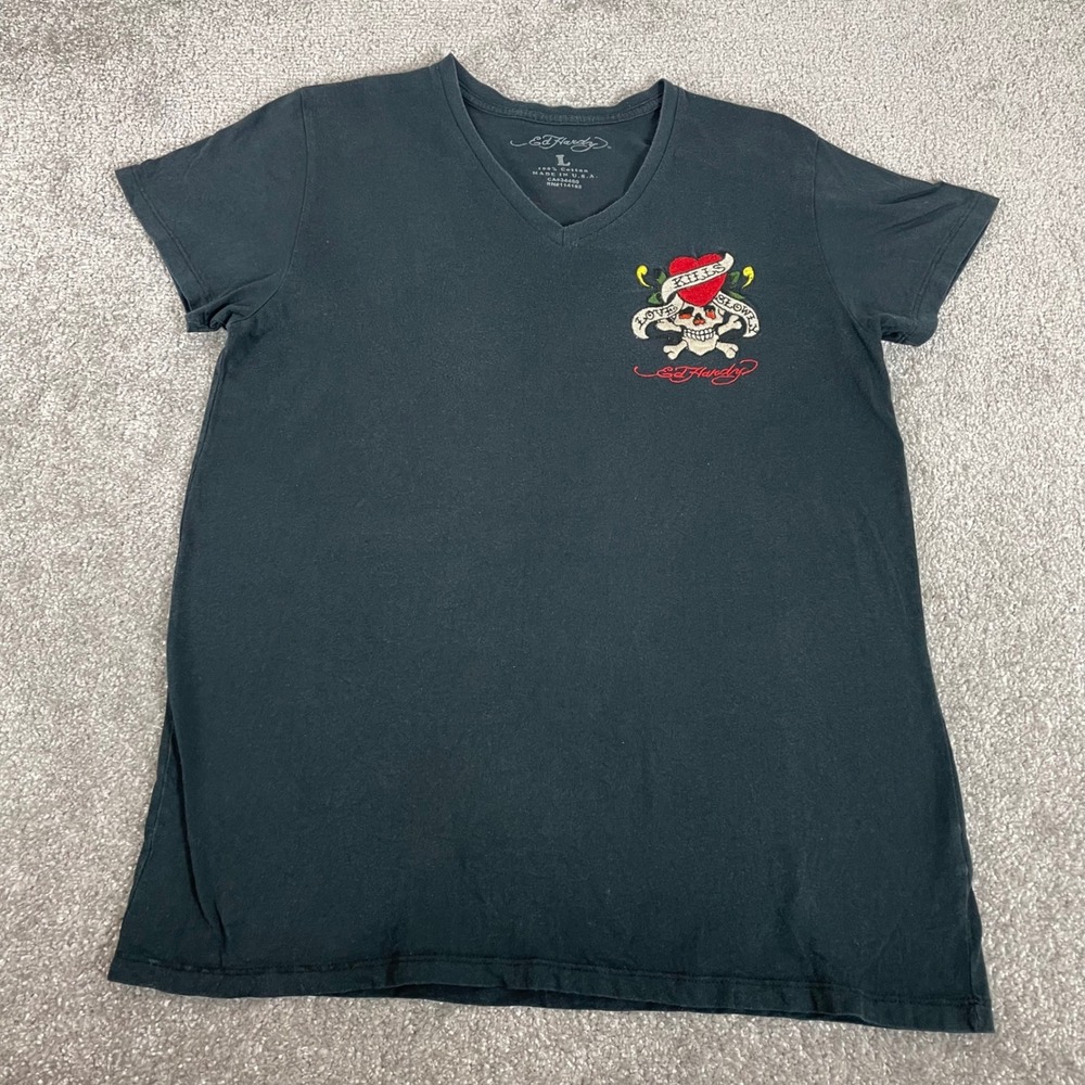Ed Hardy T Shirt Mens Large Y2K Skull Heart Made in USA V Neck Streetwear - Picture 2 of 11